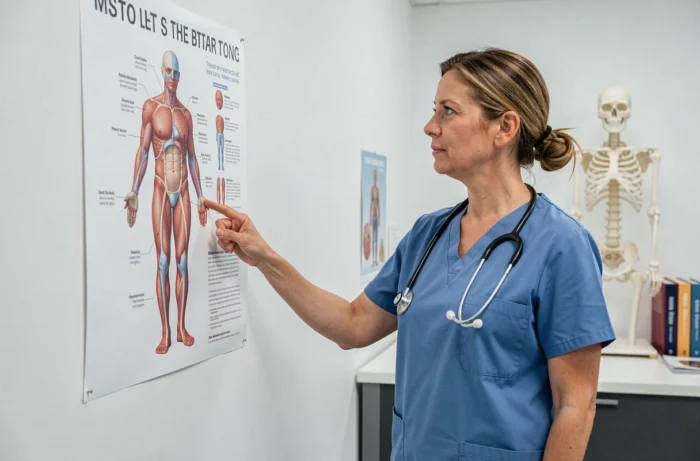 Professionnelle de santé pointant un poster anatomique du corps humain dans un cabinet médical moderne