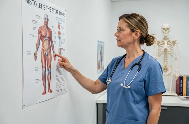 Professionnelle de santé pointant un poster anatomique du corps humain dans un cabinet médical moderne