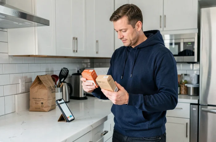Père de famille comparant des produits achetés en ligne avec son smartphone dans sa cuisine