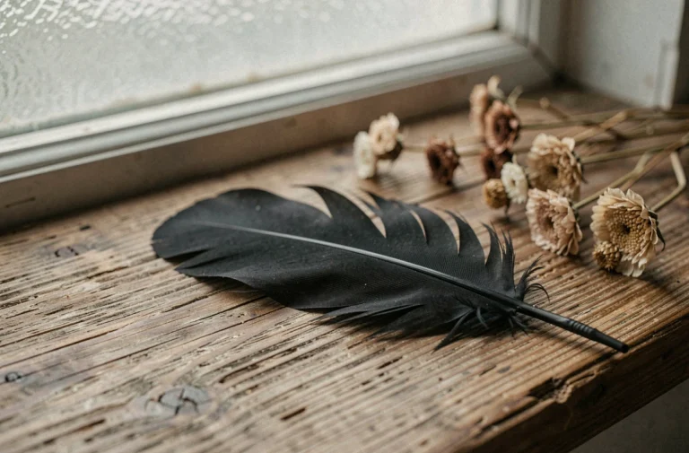 Une plume noire posée sur une surface en bois ancien, entourée de fleurs séchées, évoquant une atmosphère spirituelle et contemplative