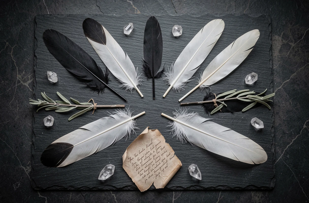 Composition de plumes noires et blanches avec cristaux et sauge séchée sur ardoise, symbolisant l'équilibre spirituel et la dualité