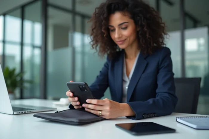 Femme glissant son téléphone dans une pochette de blindage Faraday sur un bureau de bureau
