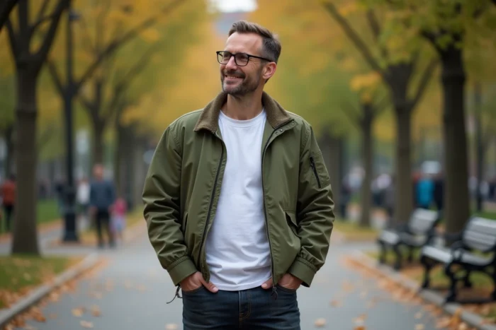 Homme détendu dans un parc urbain en automne, tenue décontractée et attitude naturelle pour un portrait éditorial
