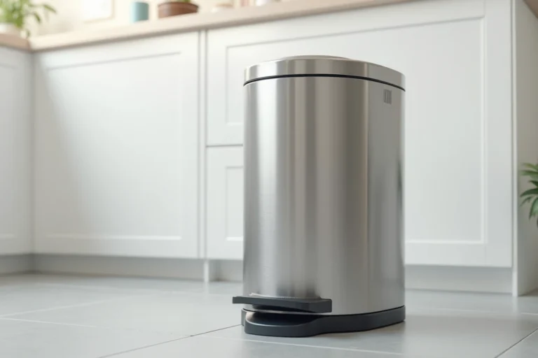 Poubelle à pédale en acier inoxydable dans une cuisine moderne avec mécanisme du pied visible