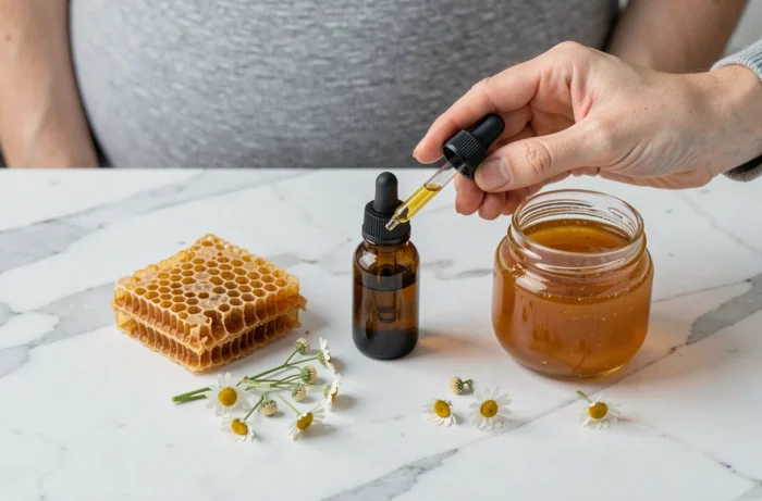 Gros plan de produits naturels à base de propolis sur marbre blanc avec les mains d'une femme enceinte, illustrant les différentes formes de propolis disponibles
