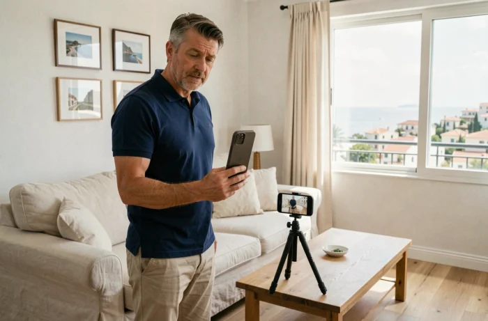 Propriétaire photographiant son appartement de vacances pour le publier sur Abritel