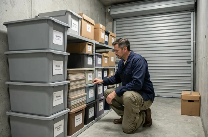Homme organisant des cartons et bacs de rangement dans un box de stockage de 3 m3