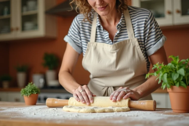 Femme préparant de la pâte fraîche maison dans une cuisine familiale chaleureuse, les mains farinées sur un plan de travail en bois