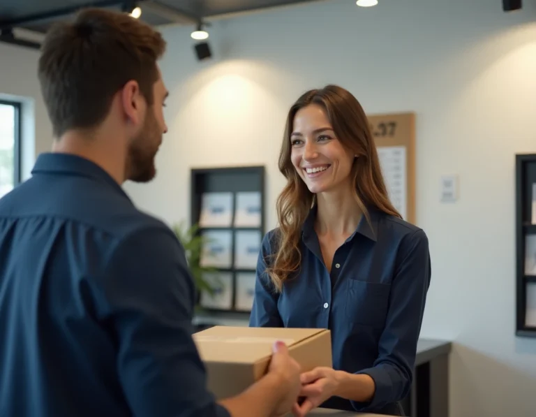 Femme recevant un colis à un guichet de bureau de poste moderne, solution pour recevoir son courrier sans adresse fixe