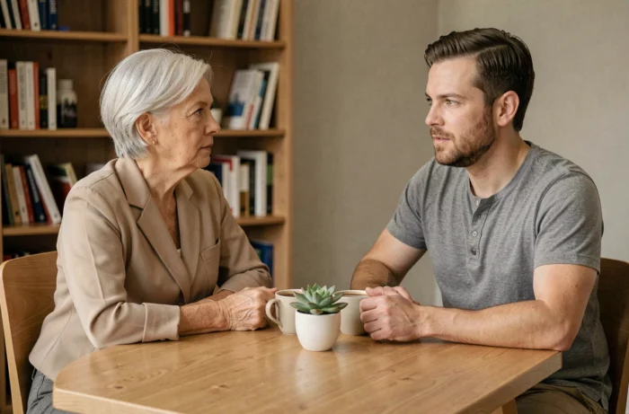 Mère et fils adulte assis face à face dans un cadre neutre, engagés dans une conversation difficile mais constructive, illustrant une tentative de réconciliation