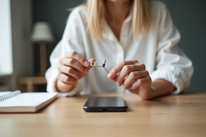Femme retirant une carte SIM de son smartphone avec un outil d'éjection