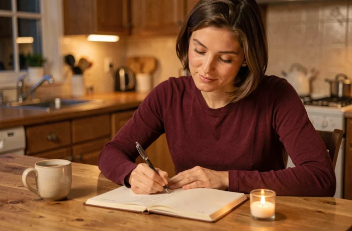 Femme écrivant dans un carnet de gratitude le soir à la table de cuisine avec une bougie et une tasse de tisane