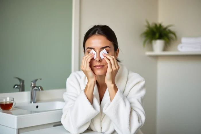 Personne appliquant un sachet de thé usagé sous les yeux dans une salle de bain, astuce beauté naturelle et écologique