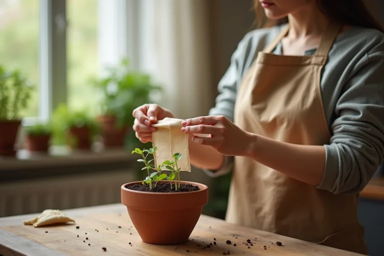 Femme réutilisant un sachet de thé usagé pour fertiliser des semis dans un pot en terre cuite sur un plan de travail en bois