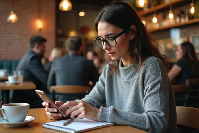 Femme vérifiant la sécurité de sa connexion sur smartphone dans un café urbain moderne