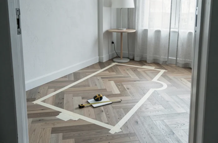 Contour en ruban adhésif sur un parquet marquant l'emplacement d'un futur canapé pour visualiser ses dimensions dans le salon
