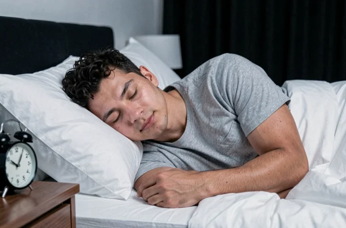 Jeune homme dormant paisiblement dans un lit aux draps blancs bien organisés, illustrant un sommeil régulier et réparateur