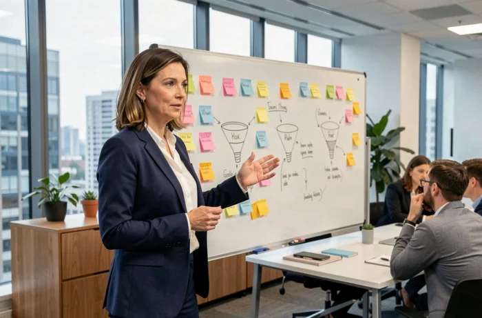Femme manager présentant une stratégie marketing sur un tableau blanc lors d'une réunion d'équipe en bureau moderne