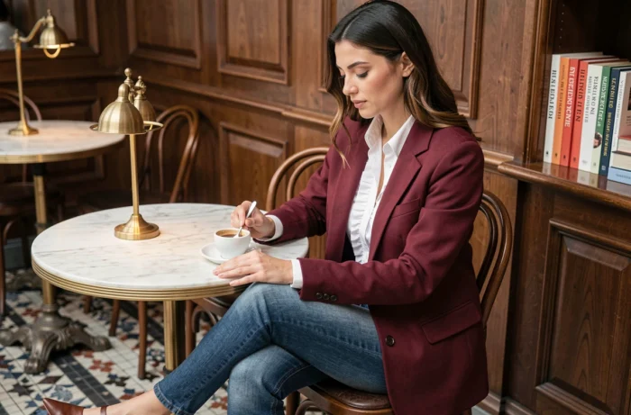 Femme en blazer bordeaux dans un café parisien vintage, tenue de mode automnale tendance
