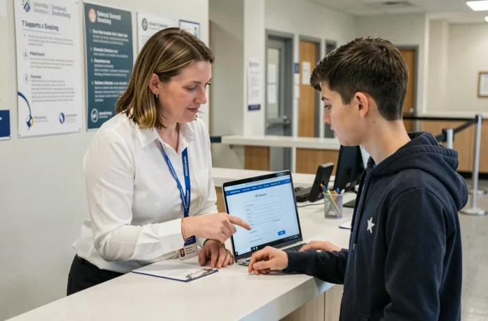 Conseillère du support informatique universitaire aidant un étudiant à récupérer l'accès à son compte ENT Jean Jaurès