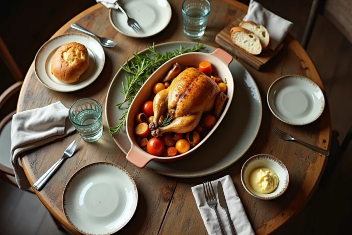 Table familiale dressée avec un poulet rôti doré et des légumes caramélisés dans un plat en céramique rustique, ambiance repas convivial