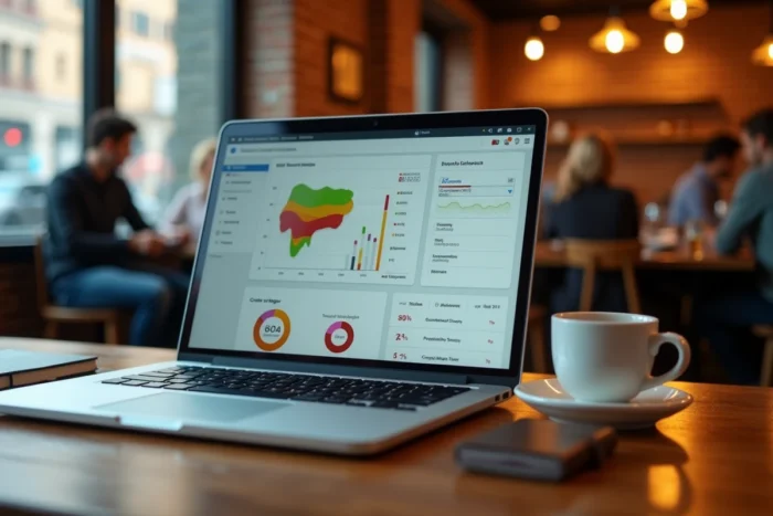 Écran d'ordinateur portable affichant un tableau de bord SEO avec visualisation de sitemap dans un café urbain
