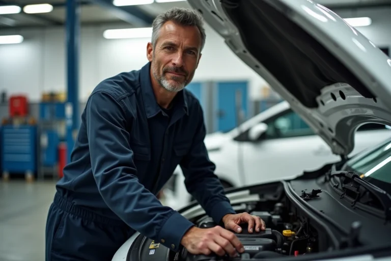 Technicien automobile inspectant le compartiment moteur d'une Peugeot 2008 blanche dans un garage professionnel