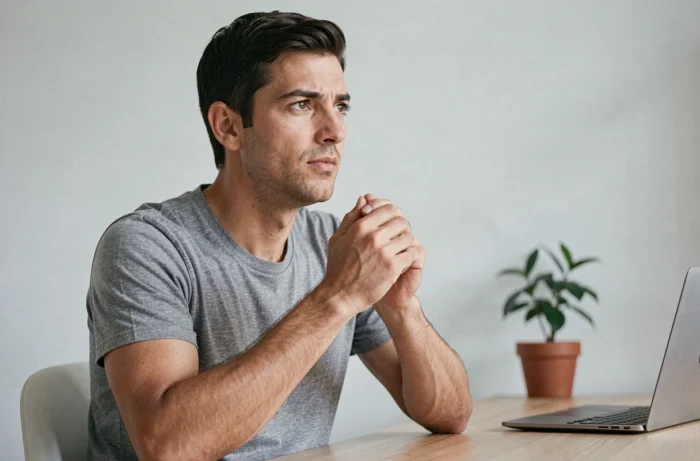 Homme pratiquant la technique 3-3-3 pour calmer le stress, comptant sur ses doigts avec concentration dans un bureau minimaliste