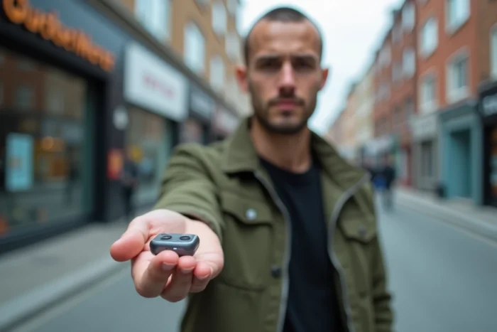 Homme tenant un téléphone compact de petite taille dans la main dans un contexte urbain