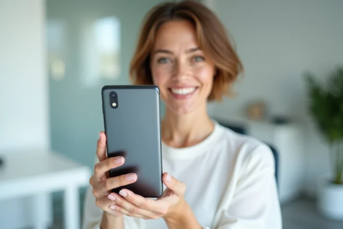 Femme tenant un téléphone compact sans composants métalliques apparents dans un bureau minimaliste