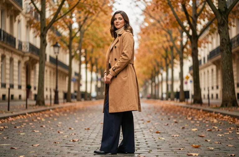 Femme élégante en manteau camel et pantalon large marine dans une rue pavée parisienne en automne