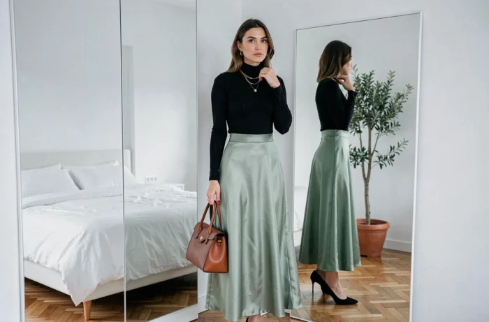 Femme devant un miroir en chambre minimaliste portant une jupe satin vert sauge et top noir tendance