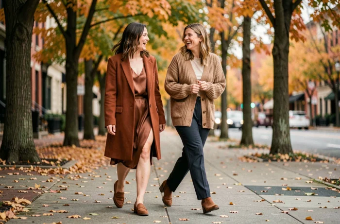 Deux femmes stylées marchant ensemble en tenues automnales tendance dans une rue arborée