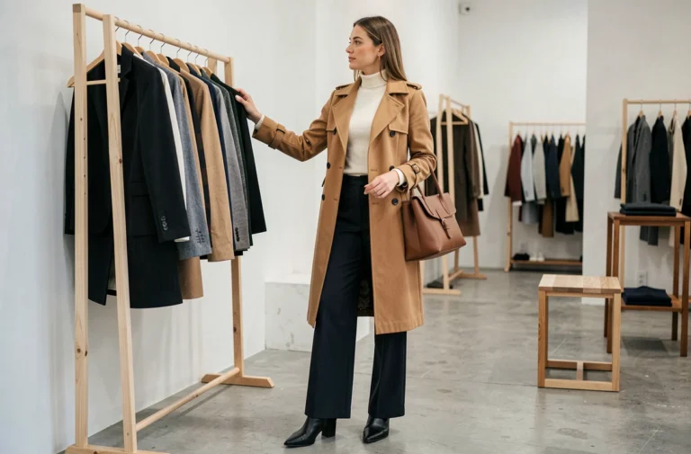 Femme élégante en imperméable camel feuilletant des vêtements dans une boutique de mode minimaliste