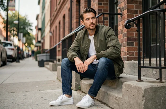 Homme tendance en bomber kaki et jean slim assis sur des marches urbaines en briques