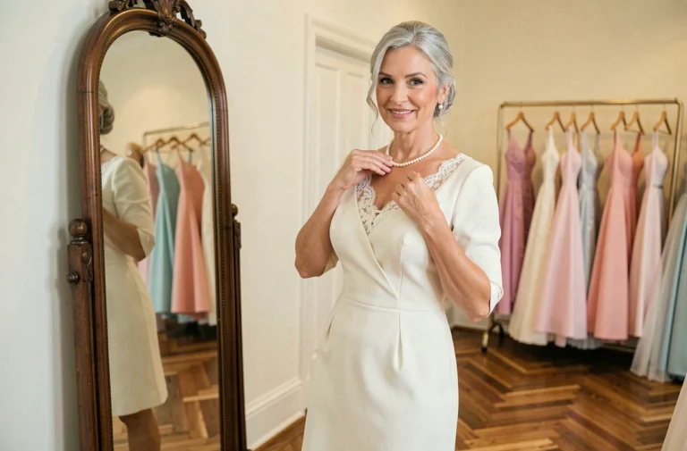 Femme élégante de 60 ans essayant une robe de mariée ivoire en dentelle dans une boutique de mariage, se regardant dans un miroir ancien