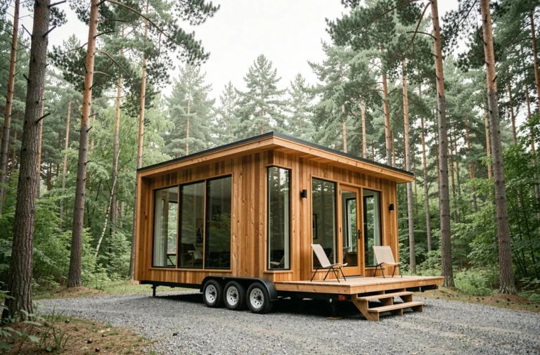 Petite maison sur roues en bois de cèdre garée dans une clairière de pins, avec terrasse dépliante et grandes fenêtres panoramiques