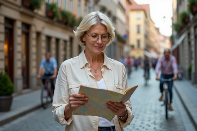Femme touriste consultant une carte dans une rue piétonne sécurisée d'une ville nordique européenne