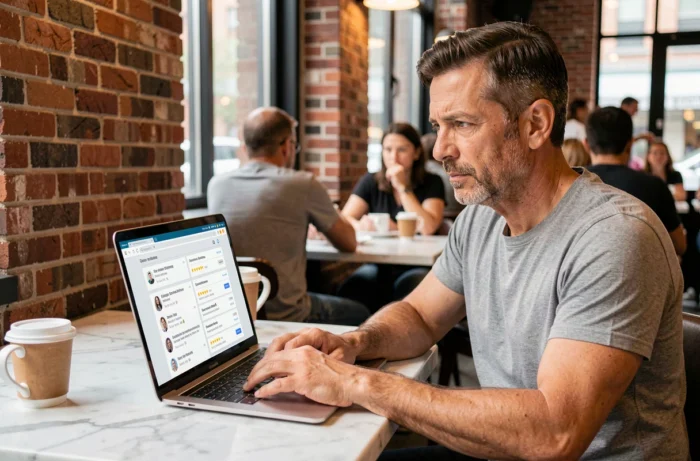 Homme consultant des avis en ligne pour vérifier la fiabilité d'un site web dans un café urbain