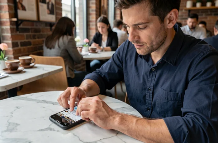 Homme vérifiant ses demandes de suivi Instagram sur son téléphone dans un café moderne