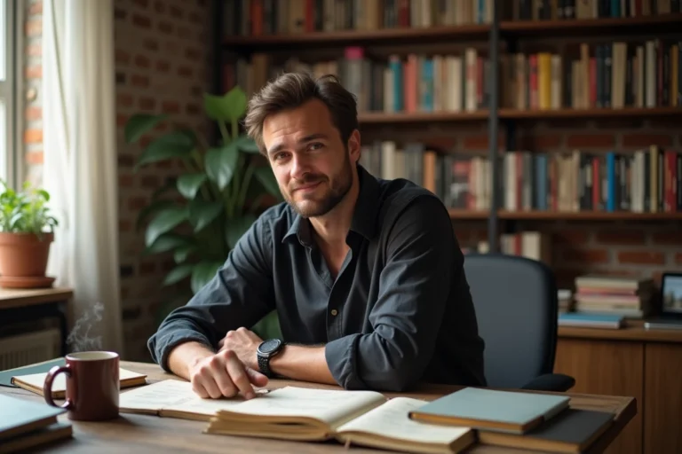 Homme attablé dans un bureau personnel entouré de carnets et de souvenirs personnels, ambiance intime et authentique