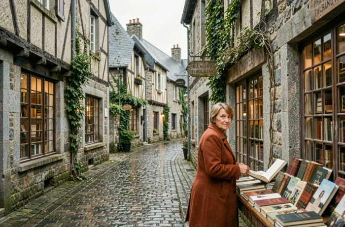 Femme parcourant les étals de livres anciens dans une rue pavée de Bécherel, village du livre en Bretagne