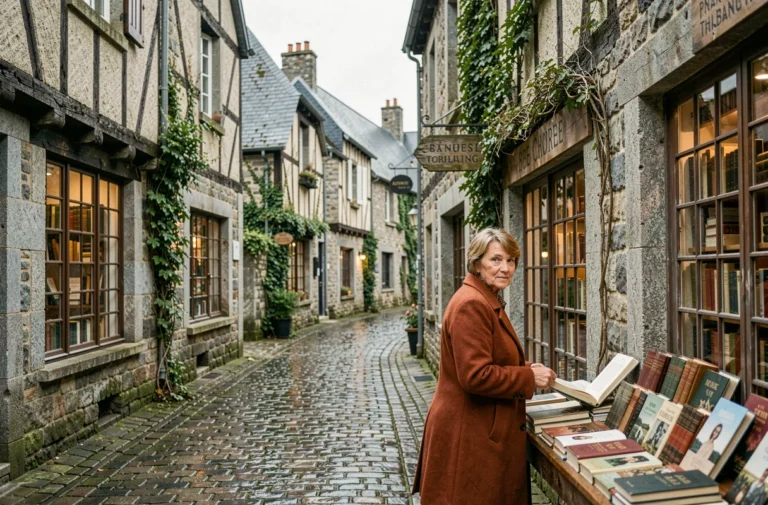 Femme parcourant les étals de livres anciens dans une rue pavée de Bécherel, village du livre en Bretagne