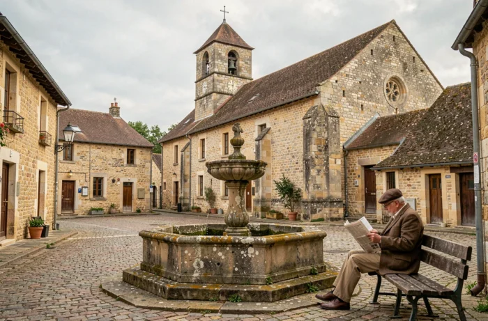 Place de village traditionnel en Dordogne avec une église romane, des maisons en calcaire et une fontaine en pierre centrale