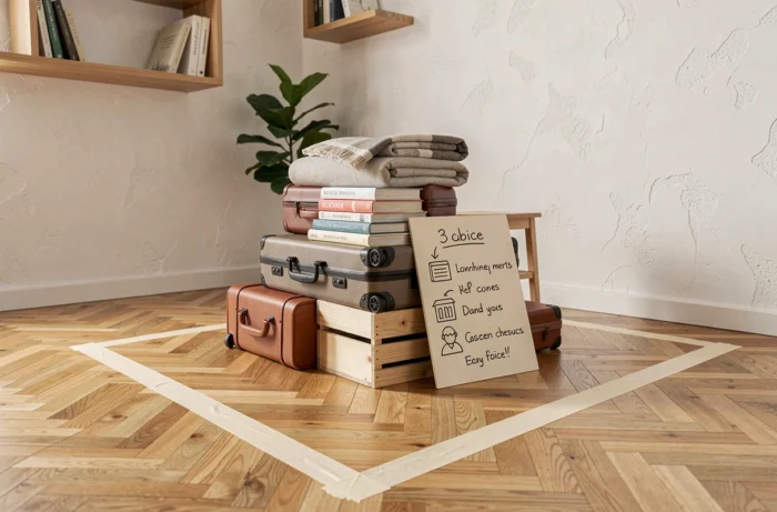 Coin de salon avec zone délimitée représentant visuellement un volume de 3 mètres cubes avec des objets empilés