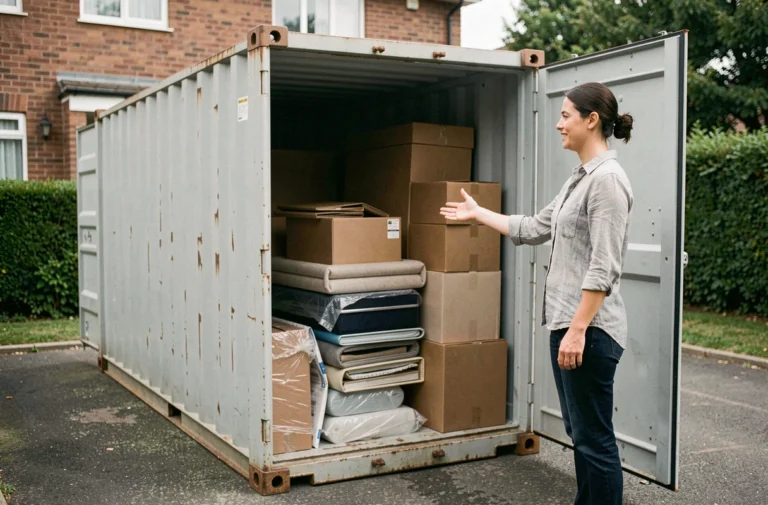 Femme debout devant un conteneur de déménagement de 3 m3 plein de cartons sur une allée résidentielle