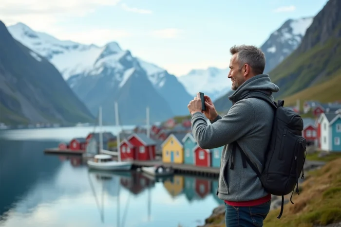Voyageur solitaire admirant un fjord pittoresque depuis un belvédère dans un pays parmi les plus sûrs du monde