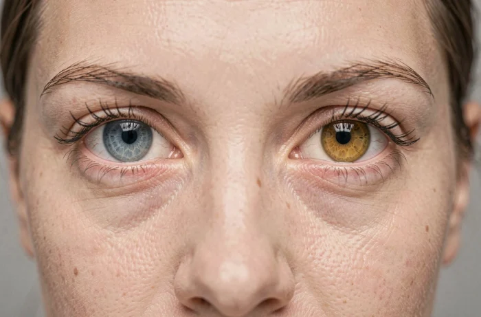 Portrait en gros plan d'une femme aux yeux hétérochromes bleu et jaune doré, illustrant une anomalie oculaire liée à la santé